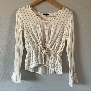 E & M White Striped Button Tie-Front Peplum Top Ruffle Trim Women's Size Medium